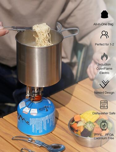 Backpacking Cooking Set with Mini Stove, Stainless Steel Camping Cookware with Carrying Bag for 1-2, Camping, Hiking, Backpacking, Bushcraft and Picnic in Kuwait