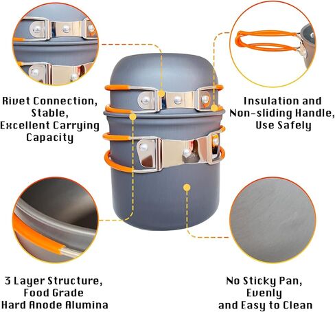 Compact Non-Stick Camping Cookware Set - Includes Pots, Pans, Stove, Kettle, Plates & Utensils for Backpacking, Hiking & Picnic in Kuwait