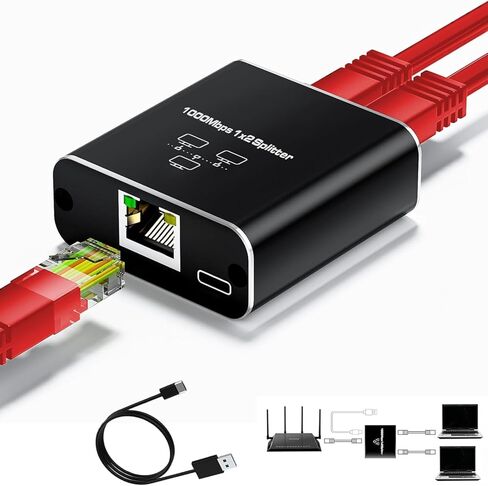 مقسم إيثرنت SCDZKJGS من 1 إلى 2 عالي السرعة 1000 ميجابايت في الثانية، محول مقسم الإنترنت Rj45 مع سلك طاقة USB، جيجابت إيثرنت لكابل Cat 5/6/7/8 [شبكة متزامنة لجهازين] in Kuwait