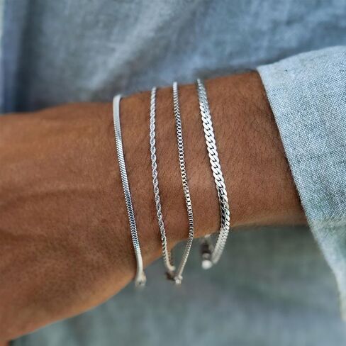 MosFlor Silver Bracelet for Men Women, Mens Bracelet Stainless Steel Bracelet Stack Cuban Link Bracelet Silver Chain Bracelet Sets Mens Bracelet Pack Silver Jewelry Custom Bracelets for Men Teen Boys in Saudi Arabia