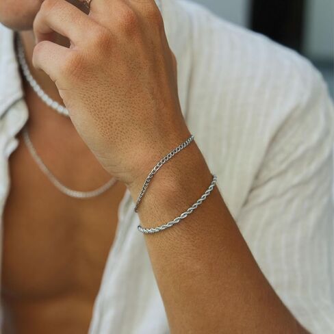 MosFlor Silver Bracelet for Men Women, Mens Bracelet Stainless Steel Bracelet Stack Cuban Link Bracelet Silver Chain Bracelet Sets Mens Bracelet Pack Silver Jewelry Custom Bracelets for Men Teen Boys in Saudi Arabia