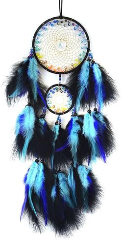 SOYUZU الأزرق والأسود ريشة حلم الماسك اليدوية الصغيرة حلم الماسك مع قلادة القمر حلم الماسك لغرفة النوم ريشة الجدار شنقا الهدايا الحرفية in Kuwait