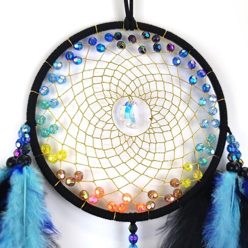 SOYUZU الأزرق والأسود ريشة حلم الماسك اليدوية الصغيرة حلم الماسك مع قلادة القمر حلم الماسك لغرفة النوم ريشة الجدار شنقا الهدايا الحرفية in Kuwait