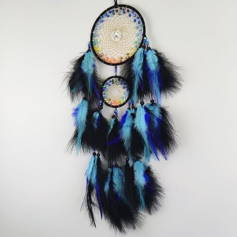 SOYUZU الأزرق والأسود ريشة حلم الماسك اليدوية الصغيرة حلم الماسك مع قلادة القمر حلم الماسك لغرفة النوم ريشة الجدار شنقا الهدايا الحرفية in Kuwait