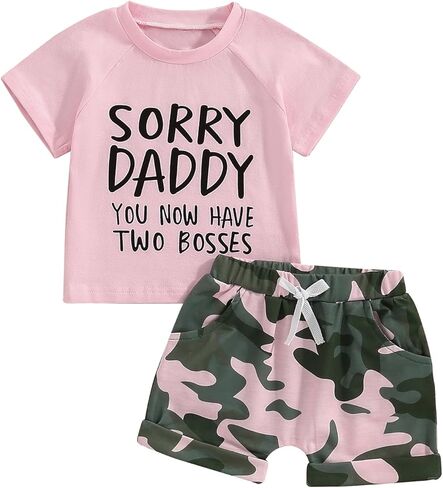 Blotona Toddler Baby Girl Summer Clothes Daddy Mommy Sayings Short Sleeve T-Shirt Camo Shorts Sets 2T 3T 4T 5T Kids Outfit in Saudi Arabia