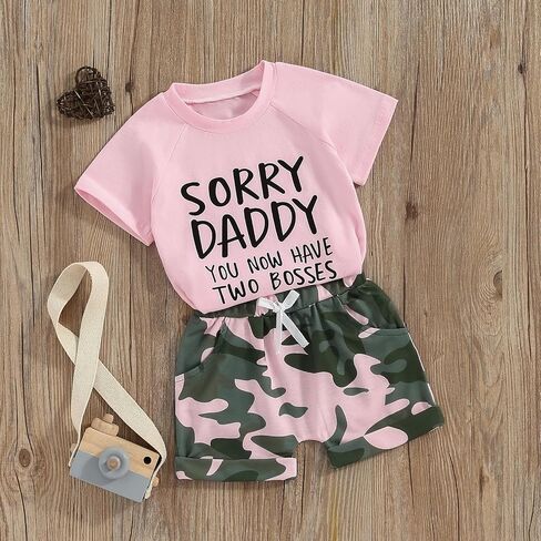 Blotona Toddler Baby Girl Summer Clothes Daddy Mommy Sayings Short Sleeve T-Shirt Camo Shorts Sets 2T 3T 4T 5T Kids Outfit in Saudi Arabia