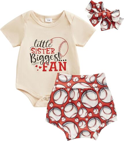 GuliriFei Newborn Baby Girl Baseball Outfits Little Sister Biggest Fan Short Sleeve Romper Shorts Headband 3Pcs Summer Set in Saudi Arabia