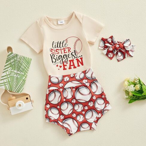 GuliriFei Newborn Baby Girl Baseball Outfits Little Sister Biggest Fan Short Sleeve Romper Shorts Headband 3Pcs Summer Set in Saudi Arabia