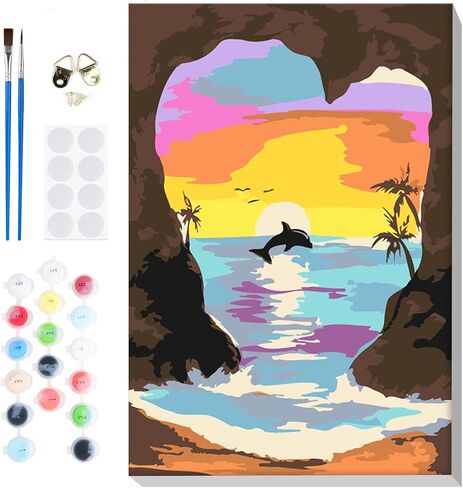 مجموعة الطلاء بالأرقام من VINDIJA Dolphin للبالغين والأطفال، مجموعات الطلاء بالأرقام للبالغين من البحر على قماش مؤطر، اللون بالأرقام للبالغين، مجموعات الحرف الفنية للفتيات من سن 8 إلى 12 بالغًا، 8 × 12 بوصة in Kuwait