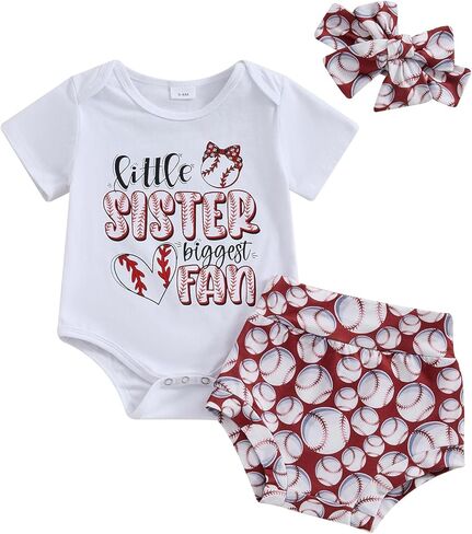 GuliriFei Newborn Baby Girl Baseball Outfits Little Sister Biggest Fan Short Sleeve Romper Shorts Headband 3Pcs Summer Set in Saudi Arabia