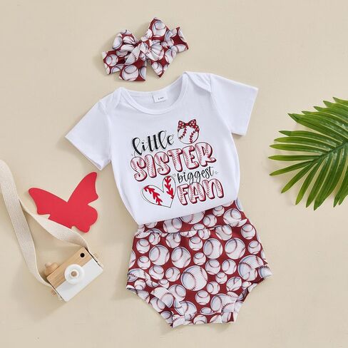 GuliriFei Newborn Baby Girl Baseball Outfits Little Sister Biggest Fan Short Sleeve Romper Shorts Headband 3Pcs Summer Set in Saudi Arabia