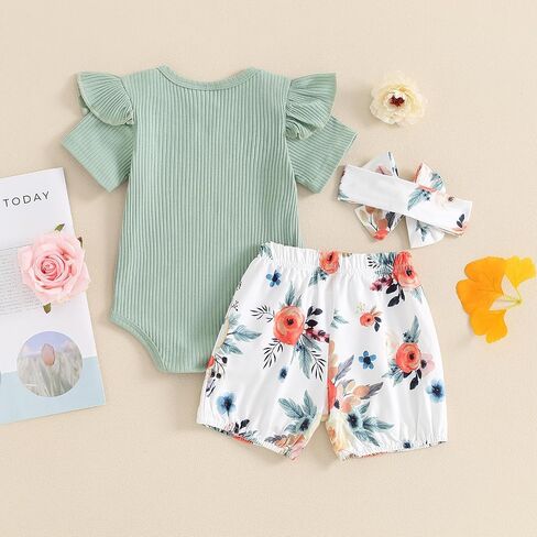 Adobabirl Baby Girl Newborn Clothes Short Sleeve Ribbed Romper Onesie Ruffle Shorts Bloomers Headband Summer Outfits Set in Saudi Arabia