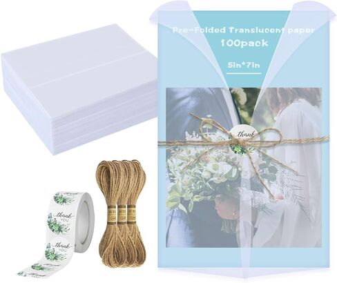سترات Vellum لدعوات 5x7 - 100 عبوة من ورق Vellum الشفاف المطوي مسبقًا مع ملصقات شكر دافئة، وخيوط، لبطاقات الزفاف، وحفلات استقبال المولود الجديد، وحفلات أعياد الميلاد، وأختام المغلفات، وصندوق الهدايا in Kuwait
