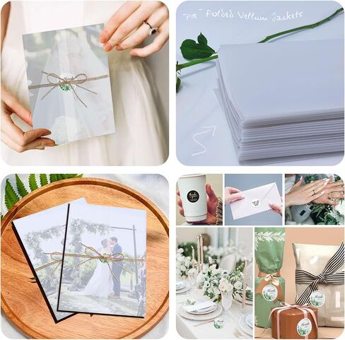 سترات Vellum لدعوات 5x7 - 100 عبوة من ورق Vellum الشفاف المطوي مسبقًا مع ملصقات شكر دافئة، وخيوط، لبطاقات الزفاف، وحفلات استقبال المولود الجديد، وحفلات أعياد الميلاد، وأختام المغلفات، وصندوق الهدايا in Kuwait