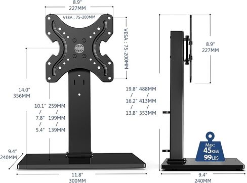 حامل تلفزيون FITUEYES لأجهزة التلفاز مقاس 19-42 بوصة، حامل تلفزيون دوار عالمي مع قاعدة من الزجاج المقسى، حامل تلفزيون عالمي قابل للتعديل مع دوران 90 درجة، يحمل ما يصل إلى 99 رطلاً، VESA 200x200 مم، أسود... in Kuwait
