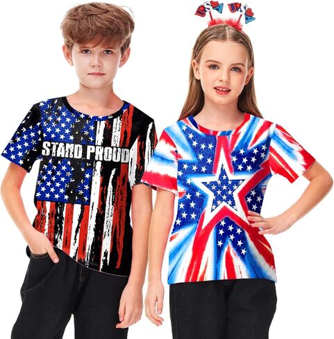 Remimi Boys July 4th Shirts Kids Stars and Stripes American Flag Short Sleeve Tops 5-14 Years in Saudi Arabia