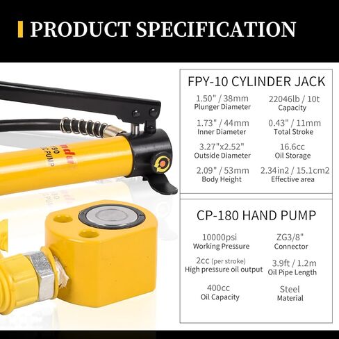 Porta Power Kit 5T Low Profile Hydraulic Ram Cylinder Jack FPY-5 0.28" Stroke Single-Acting + 400cc Hydraulic Hand Pump CP-180 for Machinery and Industry in Kuwait