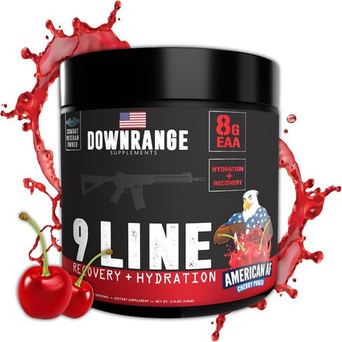مكملات DownRange 9 Line Go Recovery + عبوات مسحوق الترطيب، والكهارل، والأحماض الأمينية ومسحوق ماء جوز الهند لاستعادة العضلات، والطاقة، والإماهة، 20 عصا (AF أمريكي - لكمة الكرز) in Saudi Arabia