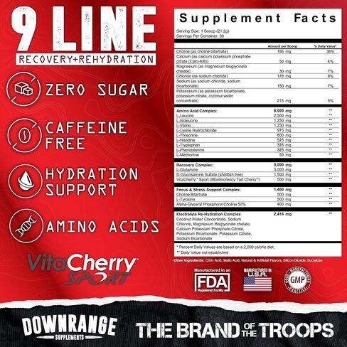 مكملات DownRange 9 Line Go Recovery + عبوات مسحوق الترطيب، والكهارل، والأحماض الأمينية ومسحوق ماء جوز الهند لاستعادة العضلات، والطاقة، والإماهة، 20 عصا (AF أمريكي - لكمة الكرز) in Saudi Arabia