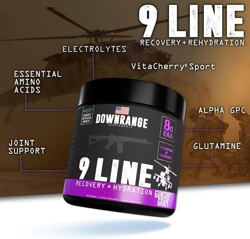 مكملات DownRange 9 Line Go Recovery + عبوات مسحوق الترطيب، والكهارل، والأحماض الأمينية ومسحوق ماء جوز الهند لاستعادة العضلات، والطاقة، والإماهة، 20 عصا (AF أمريكي - لكمة الكرز) in Saudi Arabia