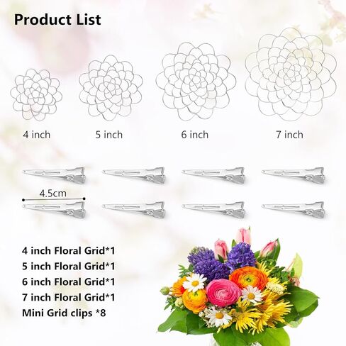 DARCKLE Flower Arrangement Holder with 8 Clips, 4/5/6/7 Inch Stainless Stee Flower Arranger Lid for Bouquets Stems Plant Fixation in Kuwait