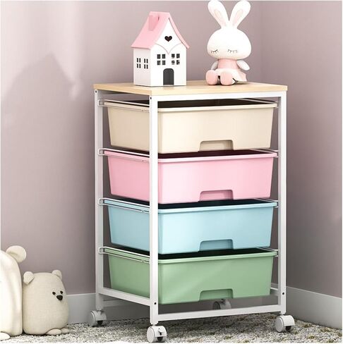 Utility Cart with 4 Drawers,Rolling Storage Cart with Drawers,Storage Rolling Drawer Cart with Wooden Tabletop for Bedroom,Kid's Room,Dorm,Classroom,Office,White in Saudi Arabia
