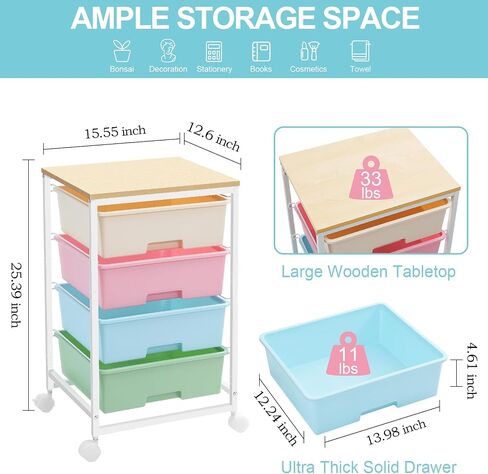 Utility Cart with 4 Drawers,Rolling Storage Cart with Drawers,Storage Rolling Drawer Cart with Wooden Tabletop for Bedroom,Kid's Room,Dorm,Classroom,Office,White in Saudi Arabia