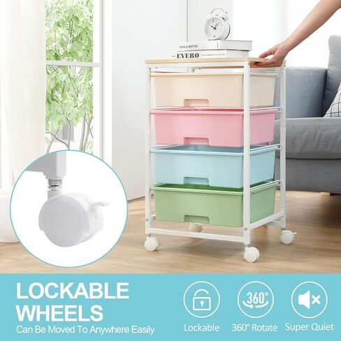 Utility Cart with 4 Drawers,Rolling Storage Cart with Drawers,Storage Rolling Drawer Cart with Wooden Tabletop for Bedroom,Kid's Room,Dorm,Classroom,Office,White in Saudi Arabia