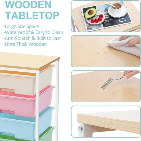 Utility Cart with 4 Drawers,Rolling Storage Cart with Drawers,Storage Rolling Drawer Cart with Wooden Tabletop for Bedroom,Kid's Room,Dorm,Classroom,Office,White in Saudi Arabia