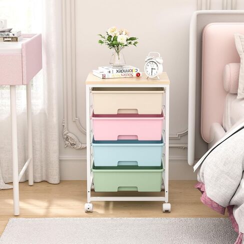 Utility Cart with 4 Drawers,Rolling Storage Cart with Drawers,Storage Rolling Drawer Cart with Wooden Tabletop for Bedroom,Kid's Room,Dorm,Classroom,Office,White in Saudi Arabia