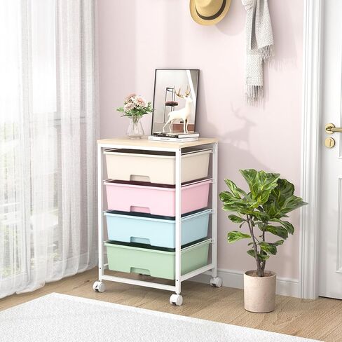 Utility Cart with 4 Drawers,Rolling Storage Cart with Drawers,Storage Rolling Drawer Cart with Wooden Tabletop for Bedroom,Kid's Room,Dorm,Classroom,Office,White in Saudi Arabia
