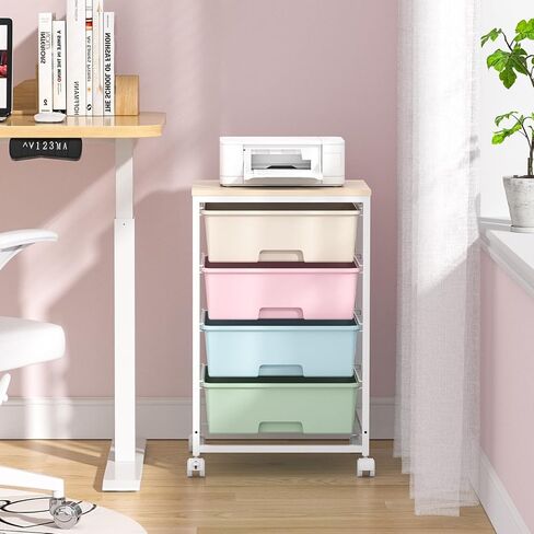 Utility Cart with 4 Drawers,Rolling Storage Cart with Drawers,Storage Rolling Drawer Cart with Wooden Tabletop for Bedroom,Kid's Room,Dorm,Classroom,Office,White in Saudi Arabia