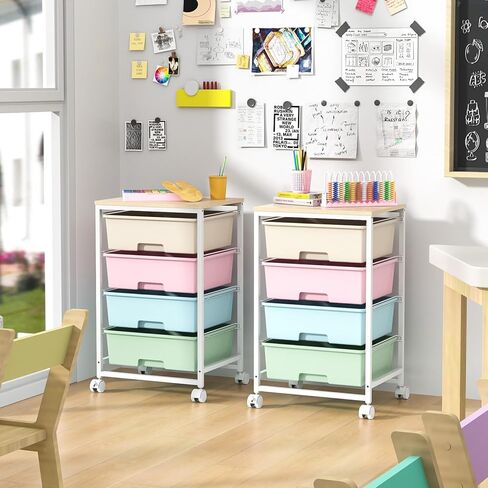 Utility Cart with 4 Drawers,Rolling Storage Cart with Drawers,Storage Rolling Drawer Cart with Wooden Tabletop for Bedroom,Kid's Room,Dorm,Classroom,Office,White in Saudi Arabia