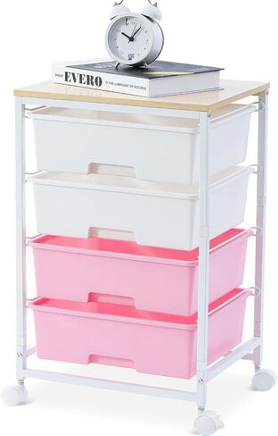 Utility Cart with 4 Drawers,Rolling Storage Cart with Drawers,Storage Rolling Drawer Cart with Wooden Tabletop for Bedroom,Kid's Room,Dorm,Classroom,Office,White in Saudi Arabia