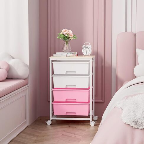 Utility Cart with 4 Drawers,Rolling Storage Cart with Drawers,Storage Rolling Drawer Cart with Wooden Tabletop for Bedroom,Kid's Room,Dorm,Classroom,Office,White in Saudi Arabia