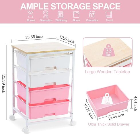 Utility Cart with 4 Drawers,Rolling Storage Cart with Drawers,Storage Rolling Drawer Cart with Wooden Tabletop for Bedroom,Kid's Room,Dorm,Classroom,Office,White in Saudi Arabia