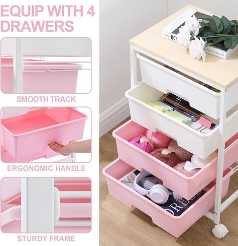 Utility Cart with 4 Drawers,Rolling Storage Cart with Drawers,Storage Rolling Drawer Cart with Wooden Tabletop for Bedroom,Kid's Room,Dorm,Classroom,Office,White in Saudi Arabia