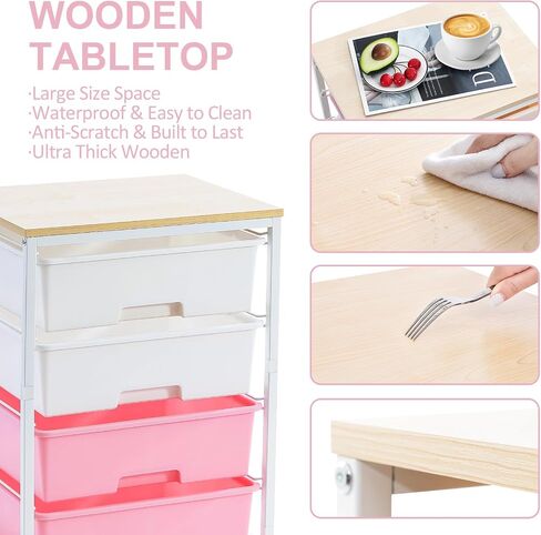 Utility Cart with 4 Drawers,Rolling Storage Cart with Drawers,Storage Rolling Drawer Cart with Wooden Tabletop for Bedroom,Kid's Room,Dorm,Classroom,Office,White in Saudi Arabia