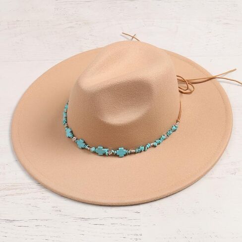 إكسسوارات أغطية الرأس النسائية من RIAH FASHION - حزام قبعة قابل للتعديل لرعاة البقر الغربيين بنما فيدورا (حزام القبعة - جمالية الحجر الطبيعي الفيروزي 2) in Kuwait