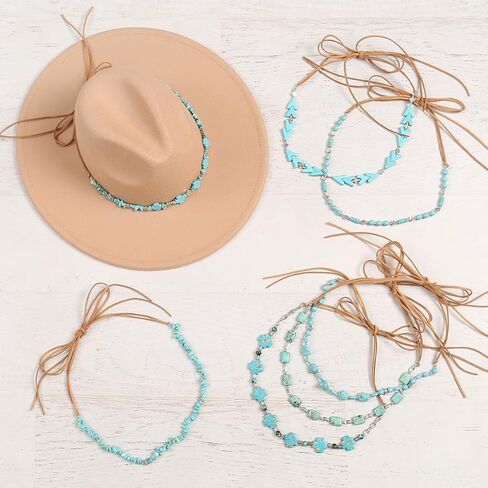 إكسسوارات أغطية الرأس النسائية من RIAH FASHION - حزام قبعة قابل للتعديل لرعاة البقر الغربيين بنما فيدورا (حزام القبعة - جمالية الحجر الطبيعي الفيروزي 2) in Kuwait