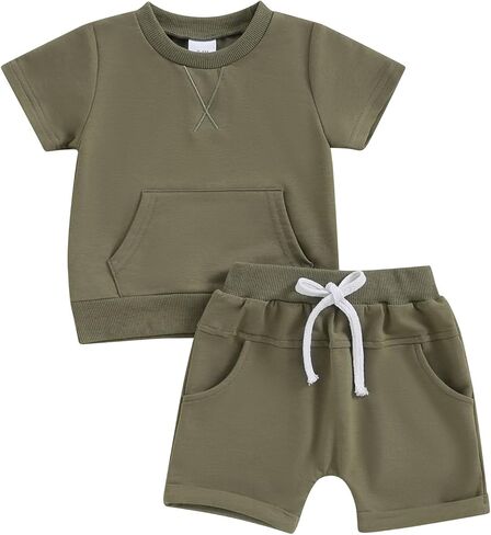 Sprifallbaby Baby Boy Clothes Set Infant Toddler Summer Outfit Short Sleeve Solid Color T-shirt Tops Pocket Shorts Set in Saudi Arabia