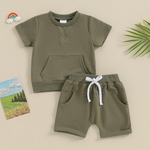 Sprifallbaby Baby Boy Clothes Set Infant Toddler Summer Outfit Short Sleeve Solid Color T-shirt Tops Pocket Shorts Set in Saudi Arabia