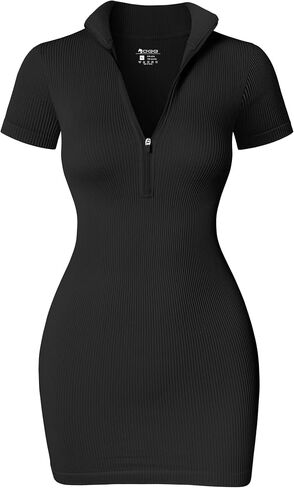 OQQ Women Dresses Sexy Ribbed Zip Front Short Sleeve Stretch Tops Mini Dress in Saudi Arabia