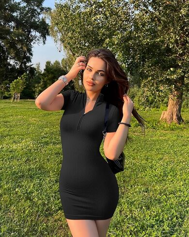 OQQ Women Dresses Sexy Ribbed Zip Front Short Sleeve Stretch Tops Mini Dress in Saudi Arabia