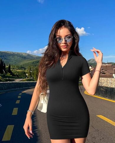 OQQ Women Dresses Sexy Ribbed Zip Front Short Sleeve Stretch Tops Mini Dress in Saudi Arabia