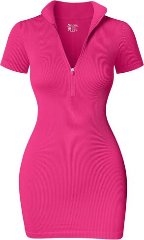 OQQ Women Dresses Sexy Ribbed Zip Front Short Sleeve Stretch Tops Mini Dress in Saudi Arabia