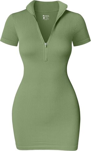 OQQ Women Dresses Sexy Ribbed Zip Front Short Sleeve Stretch Tops Mini Dress in Saudi Arabia
