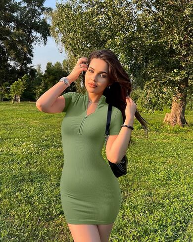 OQQ Women Dresses Sexy Ribbed Zip Front Short Sleeve Stretch Tops Mini Dress in Saudi Arabia