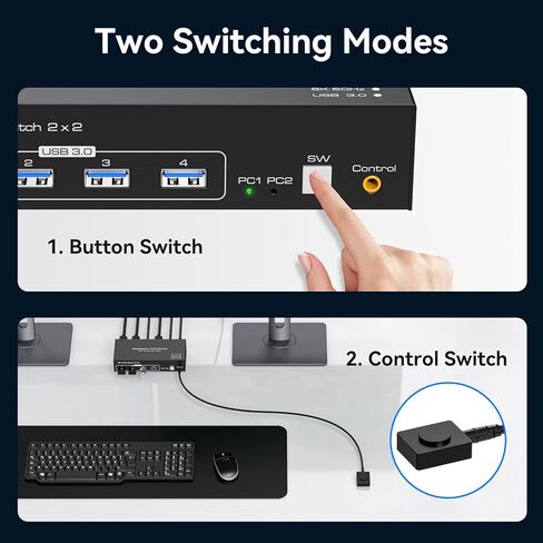 Displayport KVM Switch Dual Monitor 8K@60Hz/4K@120Hz USB 3.0 DP 1.4 KVM Switcher for 2 Computers Share 2 Monitors and 4 USB Devices Support Extended & Copy Mode Wired Controller 2 USB Cables Included in Kuwait