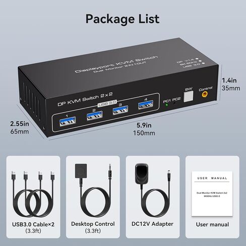 Displayport KVM Switch Dual Monitor 8K@60Hz/4K@120Hz USB 3.0 DP 1.4 KVM Switcher for 2 Computers Share 2 Monitors and 4 USB Devices Support Extended & Copy Mode Wired Controller 2 USB Cables Included in Kuwait